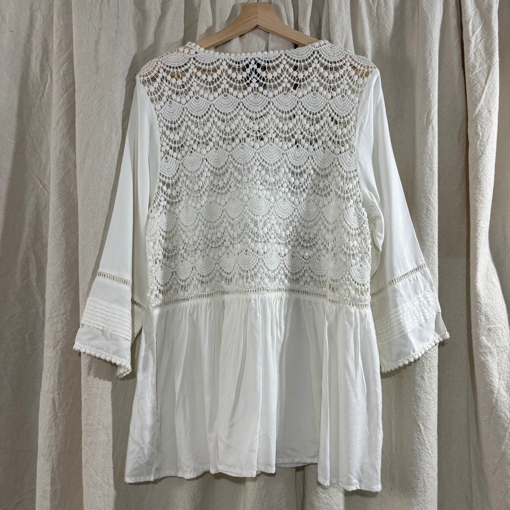 Karen Kane White Boho Lace Back Pintuck Peasant Blouse Top Large RN 59168 - Picture 3 of 7